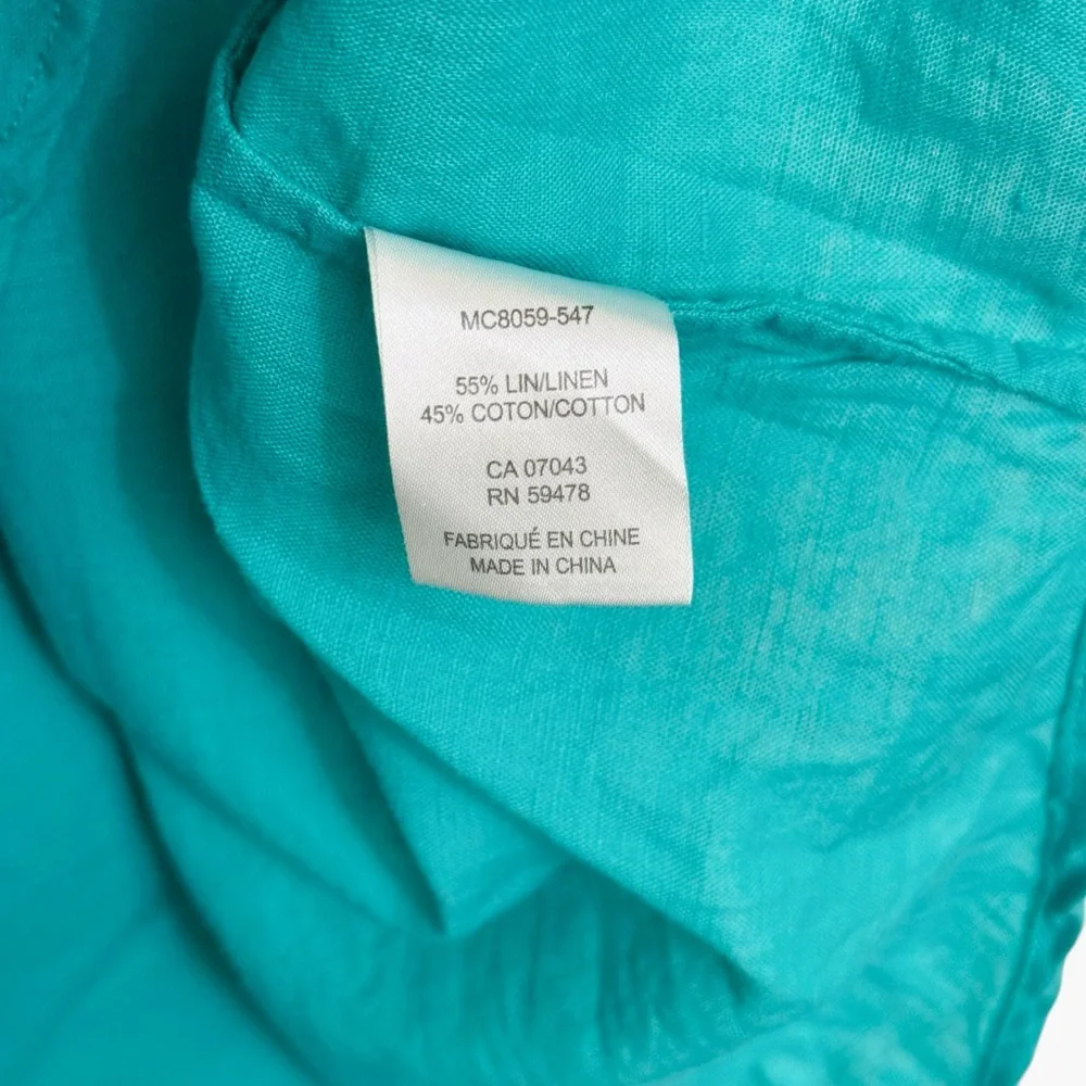 Lucy & Laurel linen Cotton Blend Teal Button-Up Women's Top Coastal Classic Sz M - Picture 4 of 5